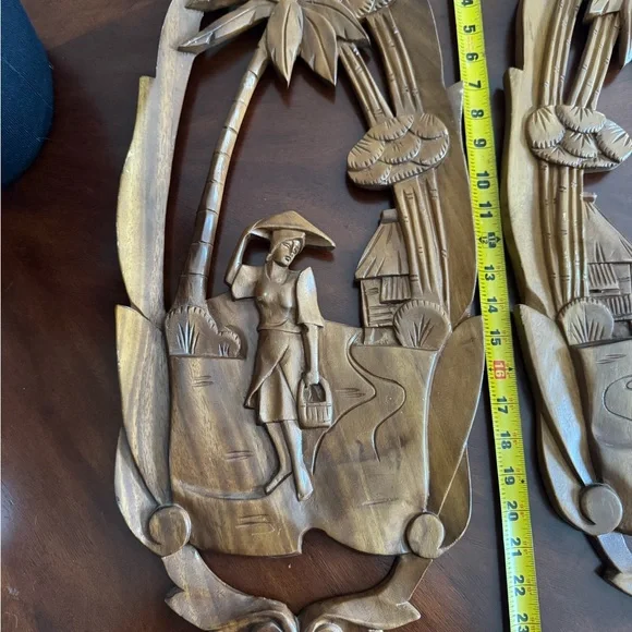 Hand Carved Wood MCM Wall Decor Plaque Set